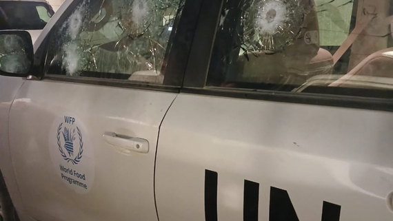 A vehicle of the World Food Programme shot at while approaching an Israeli checkpoint after escorting aid trucks in Gaza. Photo by WFP 