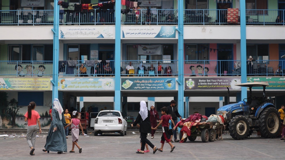 Internally displaced persons sheltering in an UNRWA school. Photo by Adham El Baba