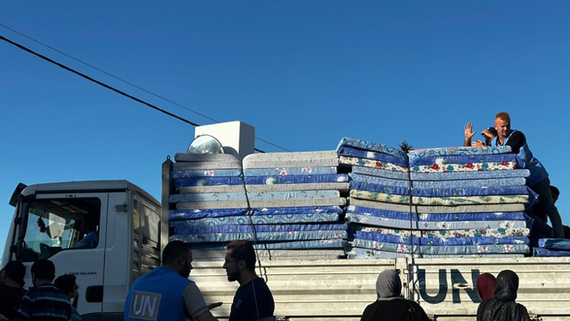 Mattresses distributed to internally displaced persons at a United Nations facility in Gaza. Photo by UNRWA