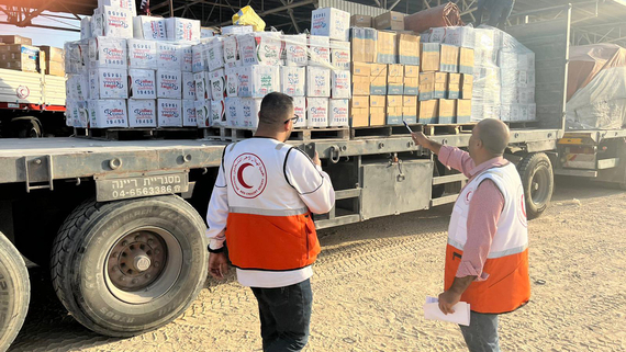 Humanitarian supplies received in southern Gaza, 23 October 2023. Photo by the Palestine Red Crescent Society