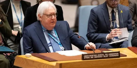 Martin Griffiths, Under-Secretary-General for Humanitarian Affairs and Emergency Relief Coordinator, briefs the Security Council meeting on the situation in the Middle East, including the Palestinian question on 31 January 2024. UN Photo/Manuel Elías