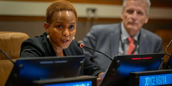 Deputy Humanitarian Relief Coordinator Joyce Msuya speaks at the side event on "Underfunding and the Cost of Inaction." Photo: OCHA/Paolo Palmero