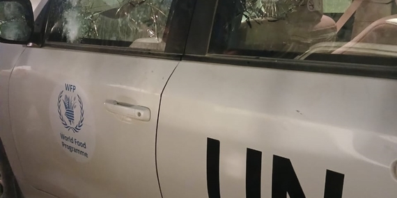 A vehicle of the World Food Programme shot at while approaching an Israeli checkpoint after escorting aid trucks in Gaza. Photo by WFP