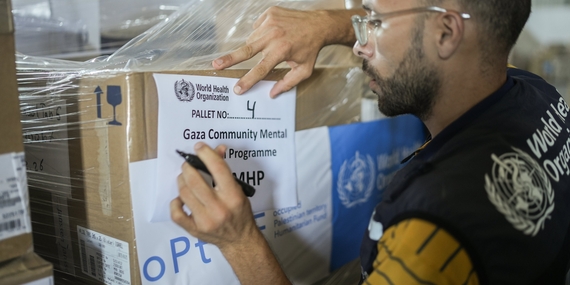 The delivery of psychotropic medications to people in Gaza, supported by the occupied Palestinian territory Humanitarian Fund. Photo by WHO