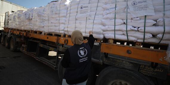 An aid worker standing in front of a truck carrying fortified wheat flour to people in Gaza. Photo by the World Food Programme An aid worker standing in front of a truck carrying fortified wheat flour to people in Gaza. Photo by the World Food Programme