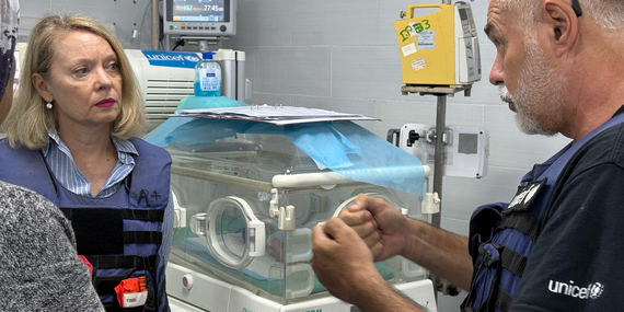 UN officials visit a neonatal unit at Al Helou Hospital in Gaza city, where generators powered by fuel keep life-saving equipment running. These services are at risk of shutting down unless more fuel is allowed into Gaza. Photo by OCHA/Olga Cherevko