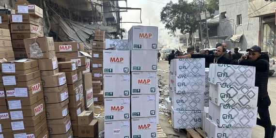 وصول المساعدات الإنسانية إلى جباليا خلال المرحلة الأولى لاتفاق وقف إطلاق النار، 3 شباط/فبراير 2025. تصوير مكتب الأمم المتحدة لتنسيق الشؤون الإنسانية/أولغا تشيريفكو