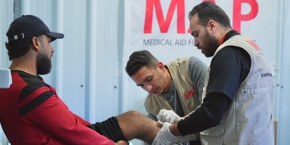 Ibrahim with a Medical Aid for Palestinians team. Photo by Palm Media for Medical Aid for Palestinians