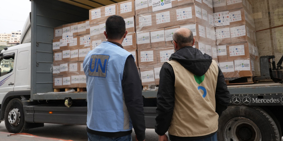 Action Against Hunger (ACF) delivering and distributing 500 food parcels in cooperation with UNRWA to internally displaced people in Jenin, 3 February 2025. © Photo by Action Against Hunger.