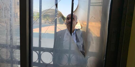 Shattered window in 'Urif school following a settler attack. Photo by OCHA, 2023