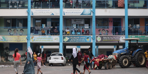 Internally displaced persons sheltering in an UNRWA school. Photo by Adham El Baba