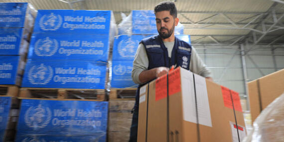 Supplies prepared for delivery in Gaza. On 4 December, Rafah was the only area where limited aid distributions took place. Amid some of the heaviest shelling so far, the Humanitarian Coordinator warned that the conditions required to deliver aid do not exist. Photo by WHO, 2 December 2023