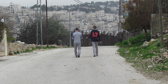 TIPH members patrolling the closed military area of Tel Rumedia, in H2 Hebron, 6 February, 2018. © Photo by OCHA.