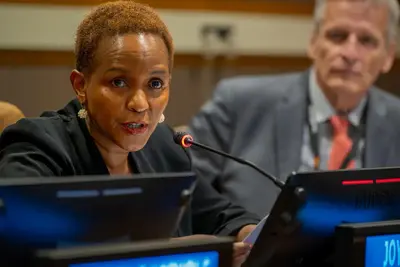 Deputy Humanitarian Relief Coordinator Joyce Msuya speaks at the side event on "Underfunding and the Cost of Inaction." Photo: OCHA/Paolo Palmero