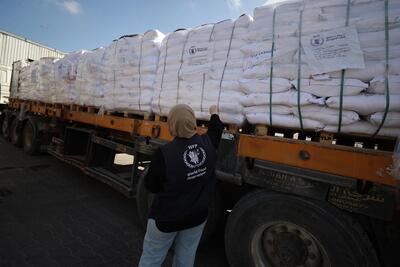 An aid worker standing in front of a truck carrying fortified wheat flour to people in Gaza. Photo by the World Food Programme