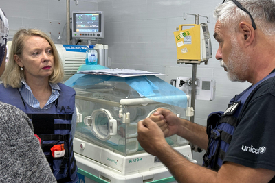 UN officials visit a neonatal unit at Al Helou Hospital in Gaza city, where generators powered by fuel keep life-saving equipment running. These services are at risk of shutting down unless more fuel is allowed into Gaza. Photo by OCHA/Olga Cherevko