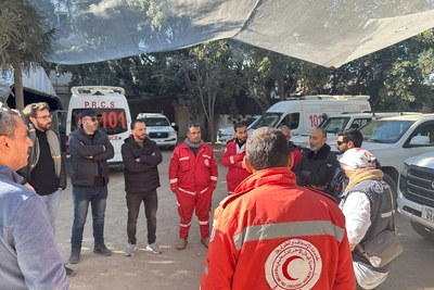 Partners preparing for medical evacuation of patients from the Indonesian Hospital in Jabalya on 29 December 2024. Photo: OCHA