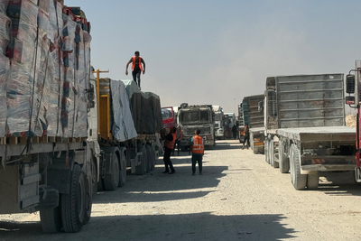Supplies being processed inside the Gaza Strip. Photo by OCHA, 9 July 2024