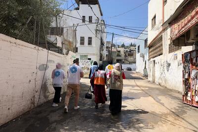 A humanitarian team of multiple organizations in Jenin Refugee Camp, in the aftermath of the two-day Israeli operation. ©Photo by YMCA, 6 July 2023.