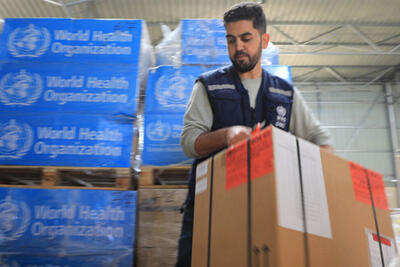 Supplies prepared for delivery in Gaza. On 4 December, Rafah was the only area where limited aid distributions took place. Amid some of the heaviest shelling so far, the Humanitarian Coordinator warned that the conditions required to deliver aid do not exist. Photo by WHO, 2 December 2023