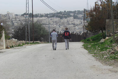 TIPH members patrolling the closed military area of Tel Rumedia, in H2 Hebron, 6 February, 2018. © Photo by OCHA.