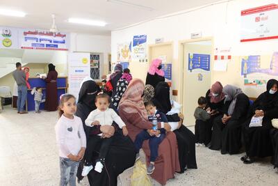 People waiting to be seen at Al Fukhary clinic, Gaza.