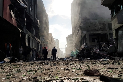 A street in Gaza city after an Israeli airstrike hit a multistory building on 13 November 2018. © Photo by Muthana El Najjar